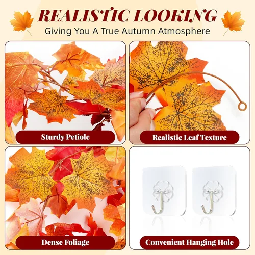 Miniatura 3 de Guirnalda artificial de otoño con hojas de arce, guirnalda de vid colgante, hojas de otoño, guirnalda de follaje de otoño, decoración de Acción