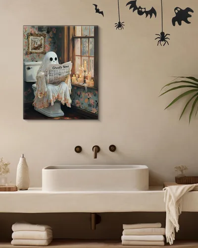Miniatura 5 de QPVXSST Arte de Pared Interesante de Fantasma de Halloween para Baño, Póster Impreso en Lienzo de Estilo Gótico, Decoración de Baño con Diseño