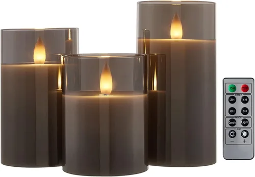 Miniatura 7 de Velas de pilar sin llama de vidrio parpadeantes con temporizador remoto, velas LED de cera real con llama en movimiento 3D operadas por batería