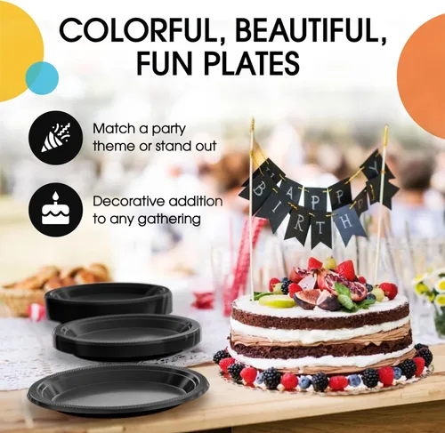 Miniatura 5 de Exquisitos platos de plástico negro Party Solids para fiesta, platos desechables negros de 7 pulgadas, juego de vajilla de plástico resistente, 100