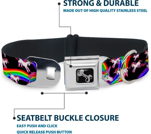 Miniatura 4 de Buckle-Down Collar de perro con hebilla de cinturón de seguridad, unicornios/arco iris negro, 1 pulgada de ancho, se adapta a cuello de 9 a 15
