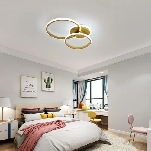 Miniatura 9 de Lámpara de techo LED moderna, lámpara de techo de montaje empotrado de 40 W con círculo de dos anillos, lámparas acrílicas doradas para sala