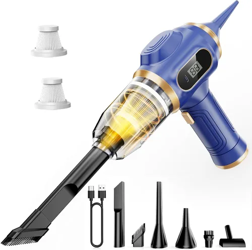 Aspiradora de coche portátil inalámbrica de 17000 Pa Mini aspiradoras de mano inalámbricas con pantalla LCD y boquillas múltiples, alta potencia Azul