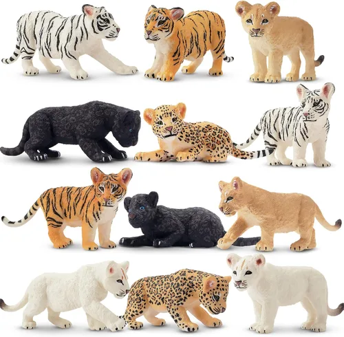 Toymany 12 figuras de animales de safari, animales de zoológico de plástico para bebés muy realistas, conjunto de figuras de juguete de leones,