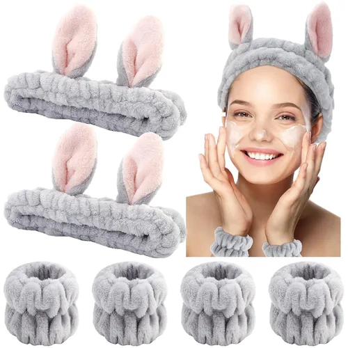 YISSION Lindo juego de diadema y pulsera de conejo para mujeres y niñas, diadema de maquillaje de felpa suave con toallas de muñeca para lavado