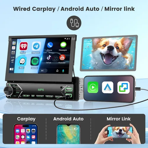Miniatura 2 de 【Radio AM estable】Hikity - Estéreo de automóvil de un solo din de 7'', Carplay Android Auto, radio de automóvil con pantalla táctil abatible de 7