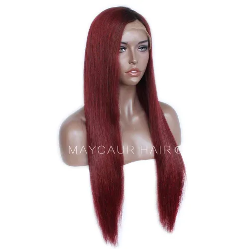 Miniatura 3 de Maycaur Pelucas de cabello humano de encaje frontal de color burdeos de densidad 130 con cabello natural de bebé
