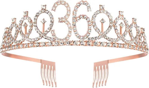 Miniatura 3 de BRT Bearingshui Banda y tiara de cumpleaños número 36 para mujer, corona de banda de cumpleaños de oro rosa 36 y fabulosa banda y tiara para mujer
