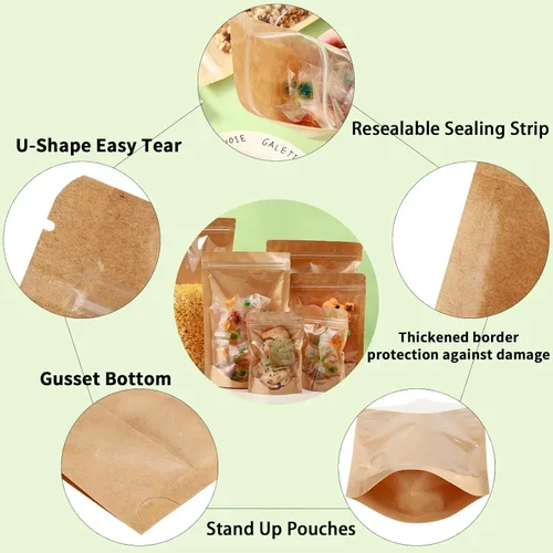 Miniatura 5 de Paquete de 150 bolsas de papel kraft con ventana de 8x12, bolsas de Mylar grandes con cierre y base para almacenamiento de alimentos, bolsa