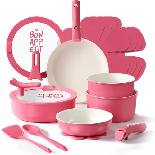 Miniatura 11 de CAROTE Juego de utensilios de cocina de cerámica de 15 piezas, juego de ollas y sartenes antiadherentes, juego de cocina de cocina con mango Azul
