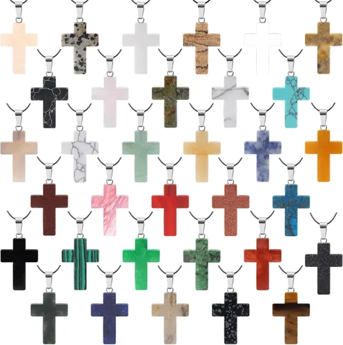 Fumete Assorted Colors Natural Stone Cross Gemstone Pendant Charms with 100 Pcs Ropes Cross Quartz Crystal Chakra Charms for Jewelry Making Necklace