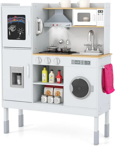 Costzon Juego de cocina para niños, juego de juguetes Montessori de madera con sonido y luz, altura ajustable, campana extractora, estufa,