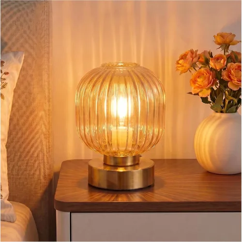 Elenhome Lámpara de mesa táctil, regulable de 3 vías con pantalla de vidrio, base de acabado de latón, lámpara de mesita de noche pequeña moderna
