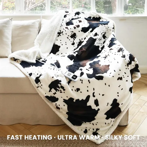 Miniatura 2 de Manta térmica con estampado de vaca, manta eléctrica, manta térmica con 10 niveles de calor y 10 horas de apagado automático, acogedora y suave