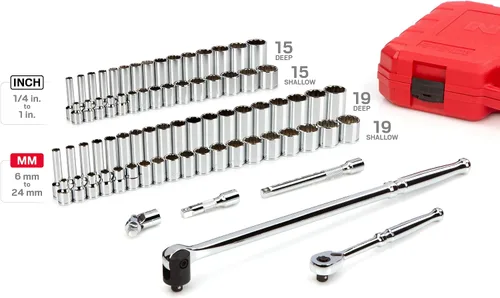 Miniatura 3 de TEKTON Juego de llaves de vaso y trinquete de 12 puntos poco profundos y profundos de 3/8 pulgadas con estuche, 73 piezas