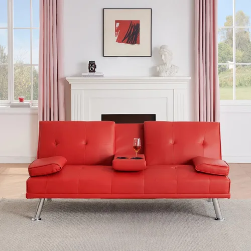 Sofá cama plegable doble multifuncional de 67 pulgadas con 2 portavasos, sofá biplaza de cuero con reposabrazos extraíbles, sofá cama plegable Rojo