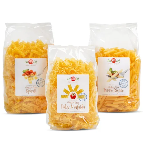 isiBisi Muestra de pasta sin gluten, paquete de 3 – Penne, Baby Mafalda, Spirali Noodles – Sin OMG, vegano, fabricado en Italia