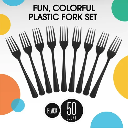 Miniatura 3 de Exquisite Tenedores de plástico negro, 50 piezas, tenedores negros, utensilios desechables, juego de cubiertos de plástico resistente