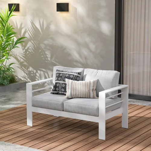 Miniatura 2 de Wisteria Lane - Juego de muebles de patio de aluminio, sofá seccional para todo tipo de clima de 2 plazas, silla de metal blanco con cojines gris