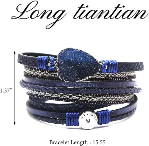 Miniatura 7 de Long tiantian Pulseras de cuero para mujer, pulsera bohemia de piedra de corazón de cristal, pulsera de múltiples capas, pulsera apilada, regalo