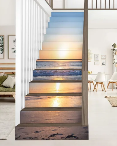 FLFK - Adhesivos para escalones de playa al amanecer - Juego de 15, calcomanías pela y pega para peldaños de escaleras, 39.3"x7.08" Gxl3203