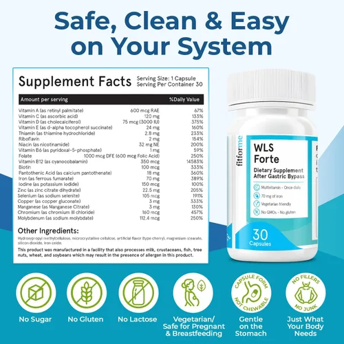 Miniatura 4 de FitForMe Multivitamínico bariátrico con hierro, diseñado para cirugía de bypass gástrico – cápsula de un día, suministro para 30 días, cápsula WLS