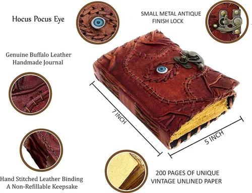 Miniatura 6 de Cuaderno de piel de hechizos personalizable Hocus Pocus con diseño de tercer ojo, papel con borde antiguo, grimorio vintage, cuaderno de bruja