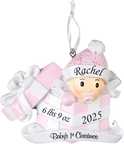 Adorno de la primera Navidad del bebé 2025 – Bebé niña en el presente – Recuerdo personalizado de vacaciones – Adorno personalizado de mi primera