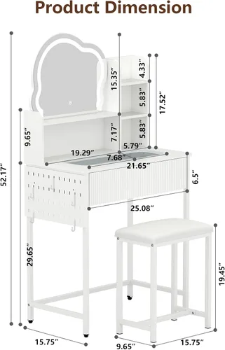 Miniatura 2 de YOURLITE Escritorio de tocador con espejo y luces, juego de tocador de maquillaje acanalado con silla y cajones para espacios pequeños, tocador
