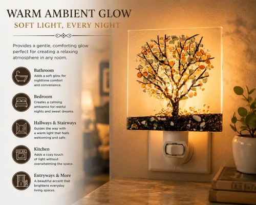 Miniatura 5 de J Devlin NTL 159-1. Luz nocturna de vidrio fusionado con forma de árbol. Handcrafted fused glass Autumn tree design Warm ambient glow Plug-in with