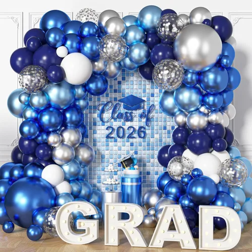 Ouddy Life Kit de arco de guirnalda de 156 globos azules y plateados, azul marino, metálico, azul claro, plateado, blanco, confeti, para cumpleaños,