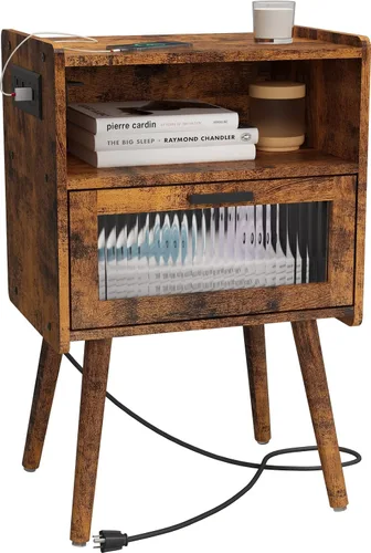 Miniatura 9 de Mesita de noche moderna de mediados de siglo, mesa auxiliar con almacenamiento, mesitas de noche con puerta de cristal, mesa auxiliar con patas