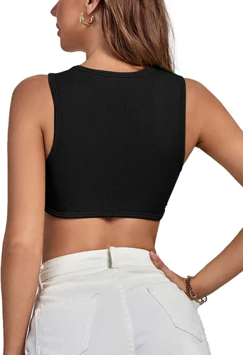 Miniatura 2 de Rooscier Camiseta corta sin mangas con diamantes de imitación acanalados para mujer