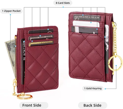 Miniatura 2 de Soporte para tarjetas de crédito, cartera delgada con llavero con bolsillo frontal para monedas, bolsillo frontal pequeño para mujer, color rojo
