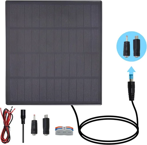 KBT Panel solar impermeable de 12 V 3 W con puerto tipo C y puerto CC de 0.138 in y soporte ajustable, cargador solar portátil para batería