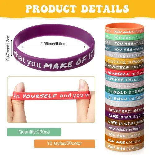 Miniatura 2 de Junkin 200 pulseras motivacionales a granel, pulseras de silicona inspiradoras a granel, pulseras de goma de colores, pulseras positivas, regalos