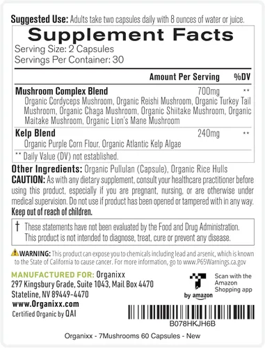 Miniatura 7 de Organixx USDA Organic Mushroom Supplement, 7 Fermented Mushrooms – Lions Mane, Shiitake, Cordyceps, Turkey Tail, Reishi – for Immune & Digestion