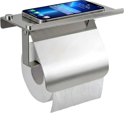 Miniatura 9 de Soporte de papel higiénico doble de acero inoxidable con estante de almacenamiento para teléfono (gris)