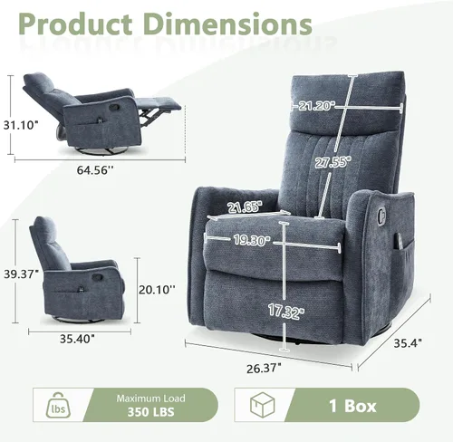 Miniatura 2 de cinkehome Silla Reclinable Mecedora Giratoria con Masaje y Calefacción para Guardería - Silla Reclinable de Espacio Pequeño con Soporte Lumbar, Giro