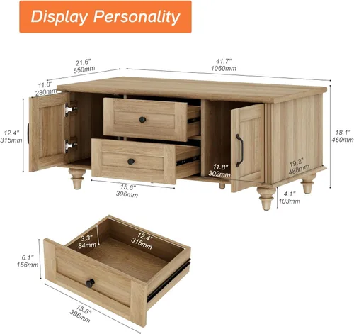 Miniatura 2 de WAMPAT - Mesa de café de granja con gabinete de almacenamiento, mesas de café de madera para la sala de estar, mesa de té rústica rectangular