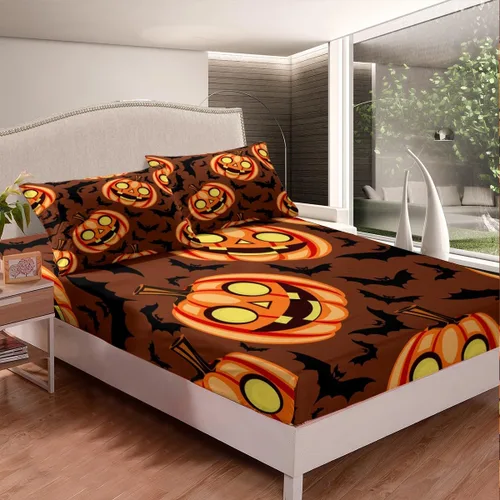 Miniatura 2 de Erosebridal Sábana bajera ajustable de Halloween, diseño de calabaza de dibujos animados, diseño de arco iris para niños, niñas, adolescentes