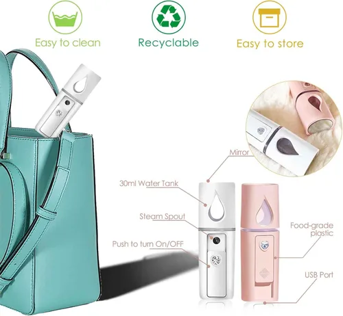 Miniatura 4 de GIVERARE Nano vaporizador facial, práctico mini rociador con espejo, rociador de niebla recargable por USB, tanque de agua visual hidratante e