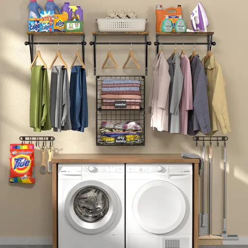 Miniatura 7 de Estantes para lavandería montados en la pared con cestas de alambre, estante sobre la lavadora y secadora con estante para secar ropa, estantes