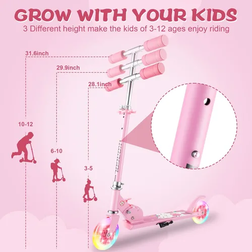 Miniatura 2 de Patinete para niños de 3 a 12 años – Patinete para niños con ruedas de luz LED y manubrio ajustable de 3 niveles, ligero y plegable de 2 ruedas