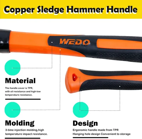Miniatura 4 de WEDO Juego de martillo de trineo de cobre de 3 piezas, 3 lb+4 lb+5 libras, mango de fibra de vidrio, forja, resistente a la corrosión, estándar DIN