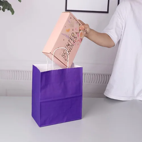 Miniatura 7 de Oikss - Paquete de 50 bolsas de papel kraft púrpura mediano de 8" x 4.75" x 10", con asas a granel, para cumpleaños, bodas, fiestas, compras al por