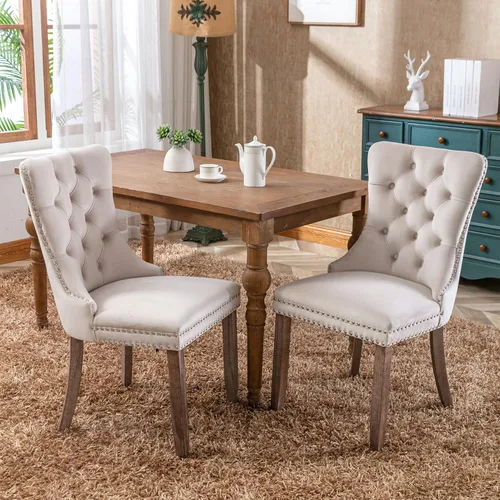 Miniatura 2 de Cómodo juego de 2 sillas de comedor de terciopelo copetudo, silla de comedor tapizada beige con patas de madera maciza, anillo trasero tirador