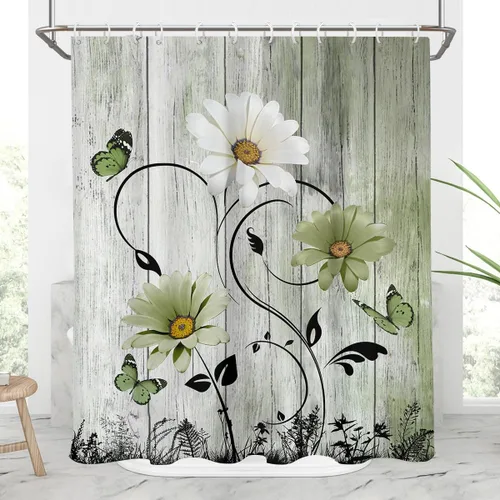 Miniatura 12 de AAtter Cortina de ducha floral azul rústica boho gris blanco amarillo margarita naturaleza negro botánico telón azul verdoso turquesa tela única
