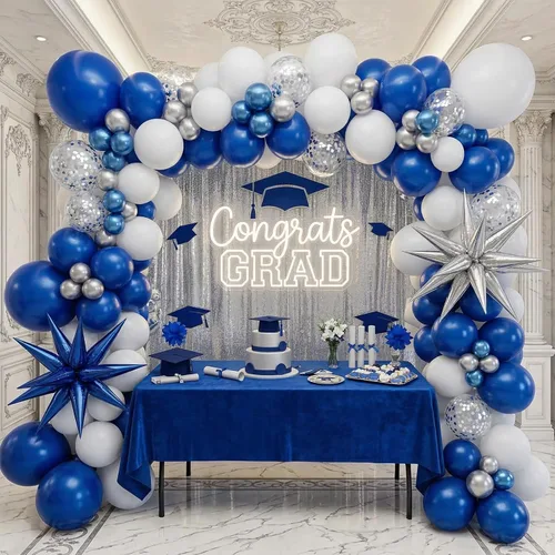 Kit de arco de guirnalda de globos azul real, blanco y plateado, globos azules metálicos con globos de papel de aluminio en forma de explosión Azul
