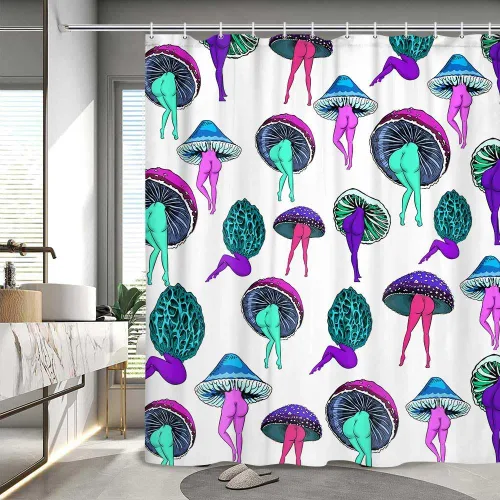 Miniatura 11 de Divertida cortina de ducha de hongos psicodélicos hippie, decoración de baño, lindo tatuaje de trasero, vegetariano, botánico, vegano, hongo